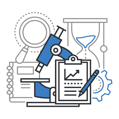 blue and black microscope, lens, hourglass, clipboard with notes, and a notebook icon
