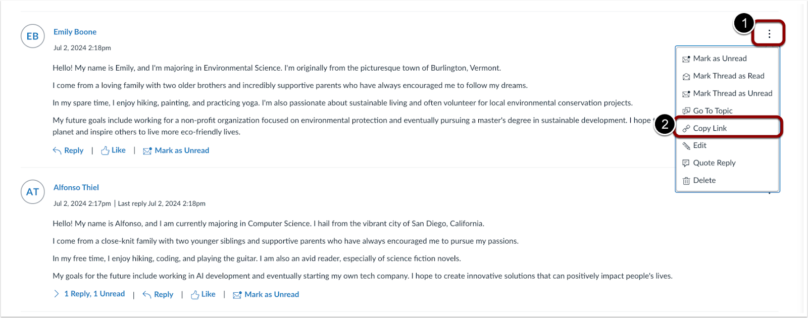 A screenshot of Canvas Discussion Permalink instructions: 1) click on the tree dots at the right-hand side of the student name and 2) select the Copy Link option to copy the permanent link.