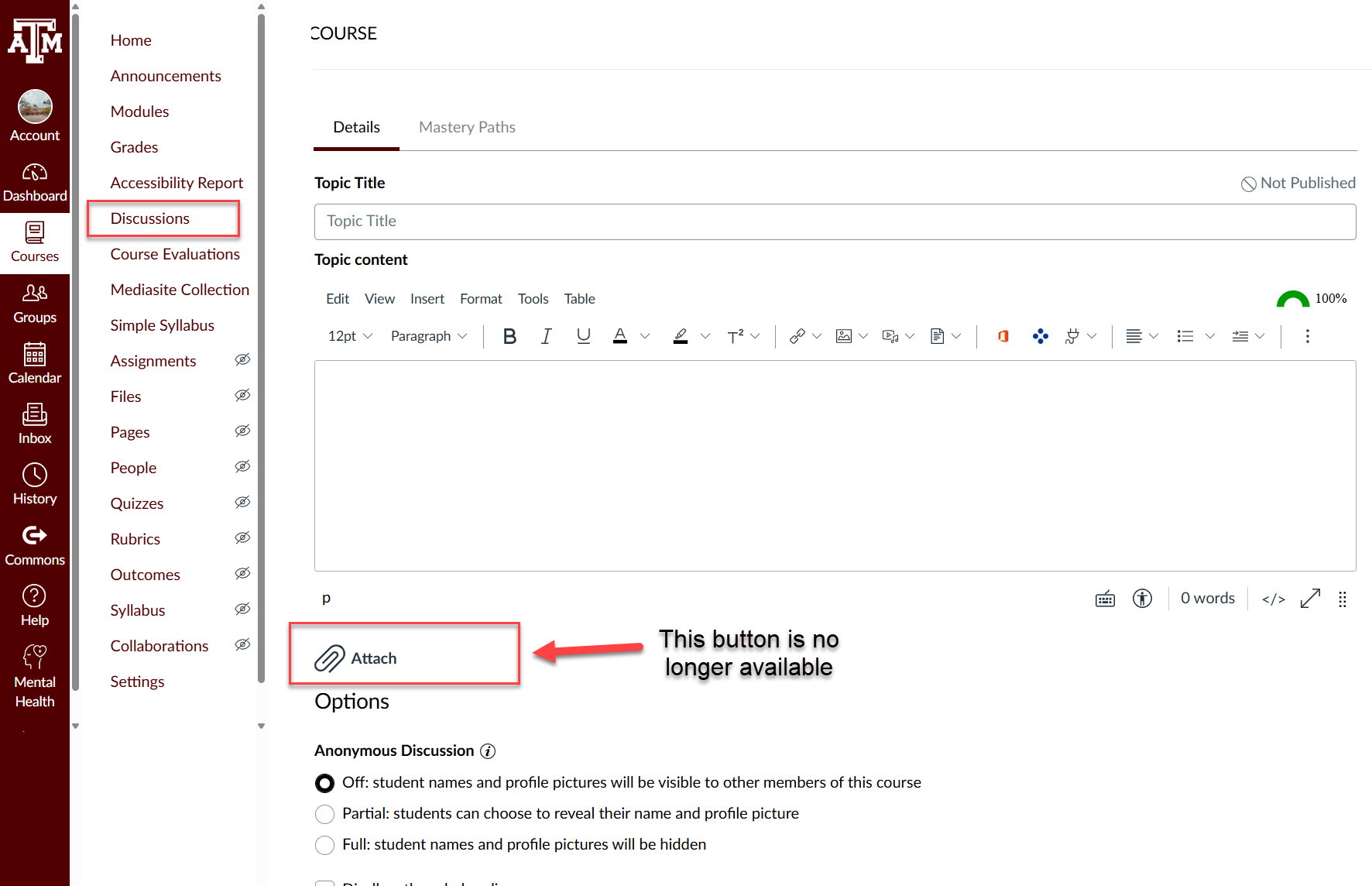 A screenshot of Canvas Discussion attach button no longer available.