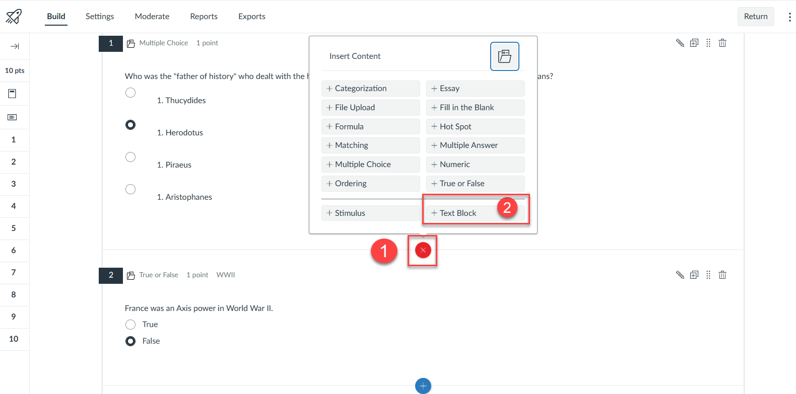 A screenshot of Canvas New Quizzes instructions to add Text Block on a quiz. 1) Click on the plus button and 2) click on Text Block button.