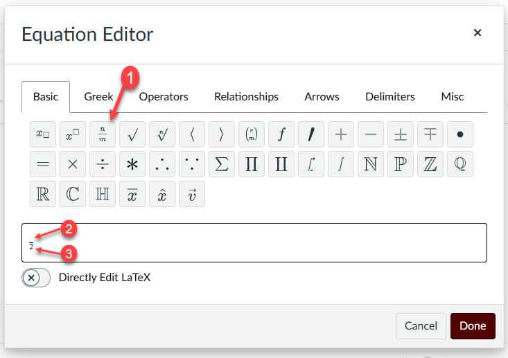 Screenshot of Richa Content Editor. 1) Click on a button and a placeholder may appear, 2) to fill it, click on it, and 3) to enter a value use your keyboad or click a toolbar button.