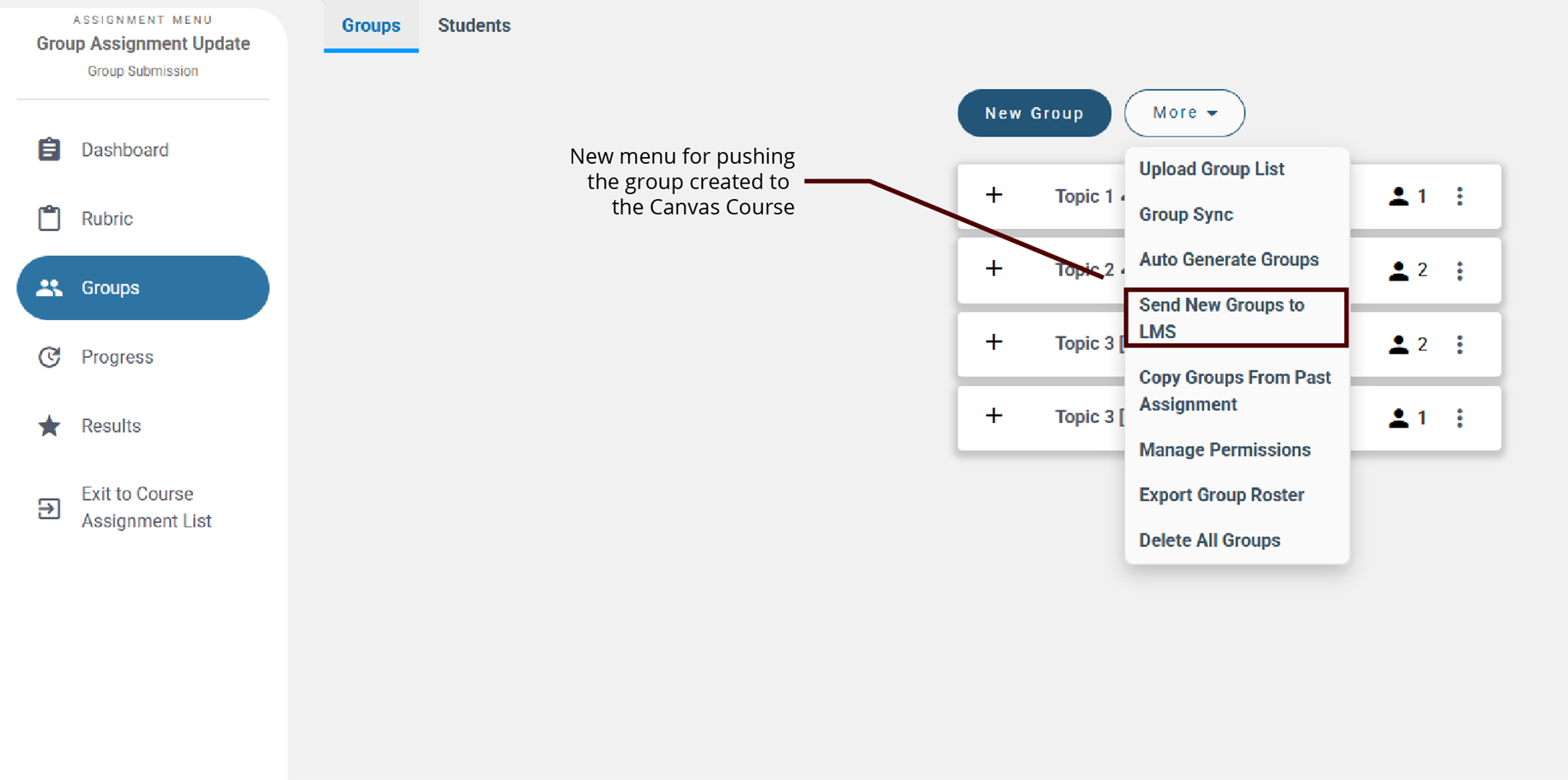 Screenshot of Peerceptiv instructions: In the left-hand navigation pane, click on Groups. Then, in the top right area of the page, click the More drop-down menu and select Send New Groups to LMS.