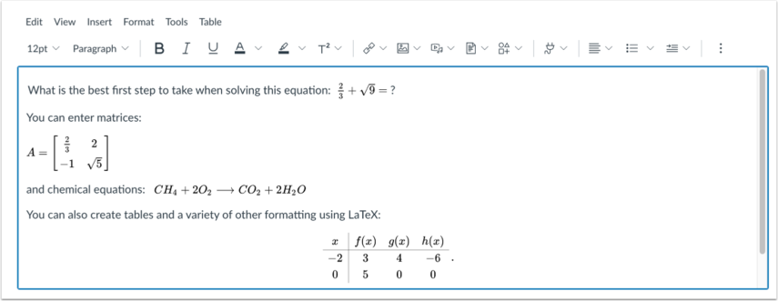 Screenshot of Rich Content Editor. To Format equations you can use the options on the RCE.