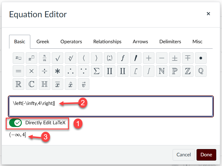 Screenshot of the Equation Editor. to view oir edit LaTeX Code click on Directly Edit LaTeX toggle, 2) LaTeX Code dispalys in the equation field, and 3) as you edit it, the LaTeX rendering updates automatically.