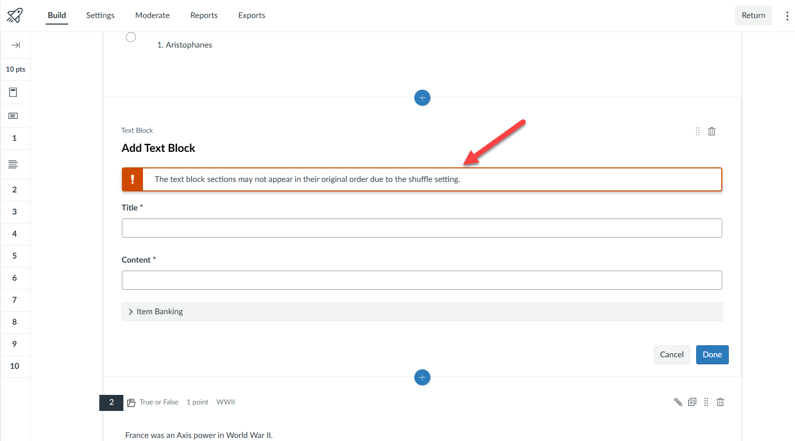 A screenshot of Canvas New Quizzes' shuffled questions warning